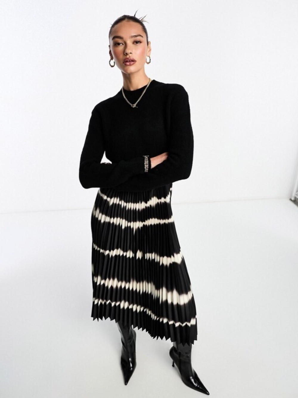 AllSaints Curtis 2 pce wool sweater & satin tie dye pleated midi dress size S